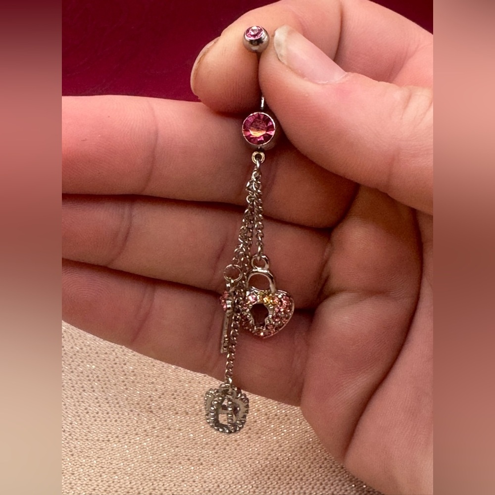 10k and sterling pink crystal dangle belly button ring w/ gem heart, key & crown
